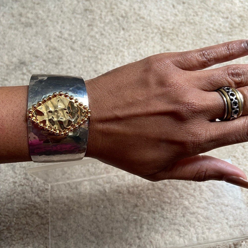 Silver gold wide cuff emblem statement bracelet